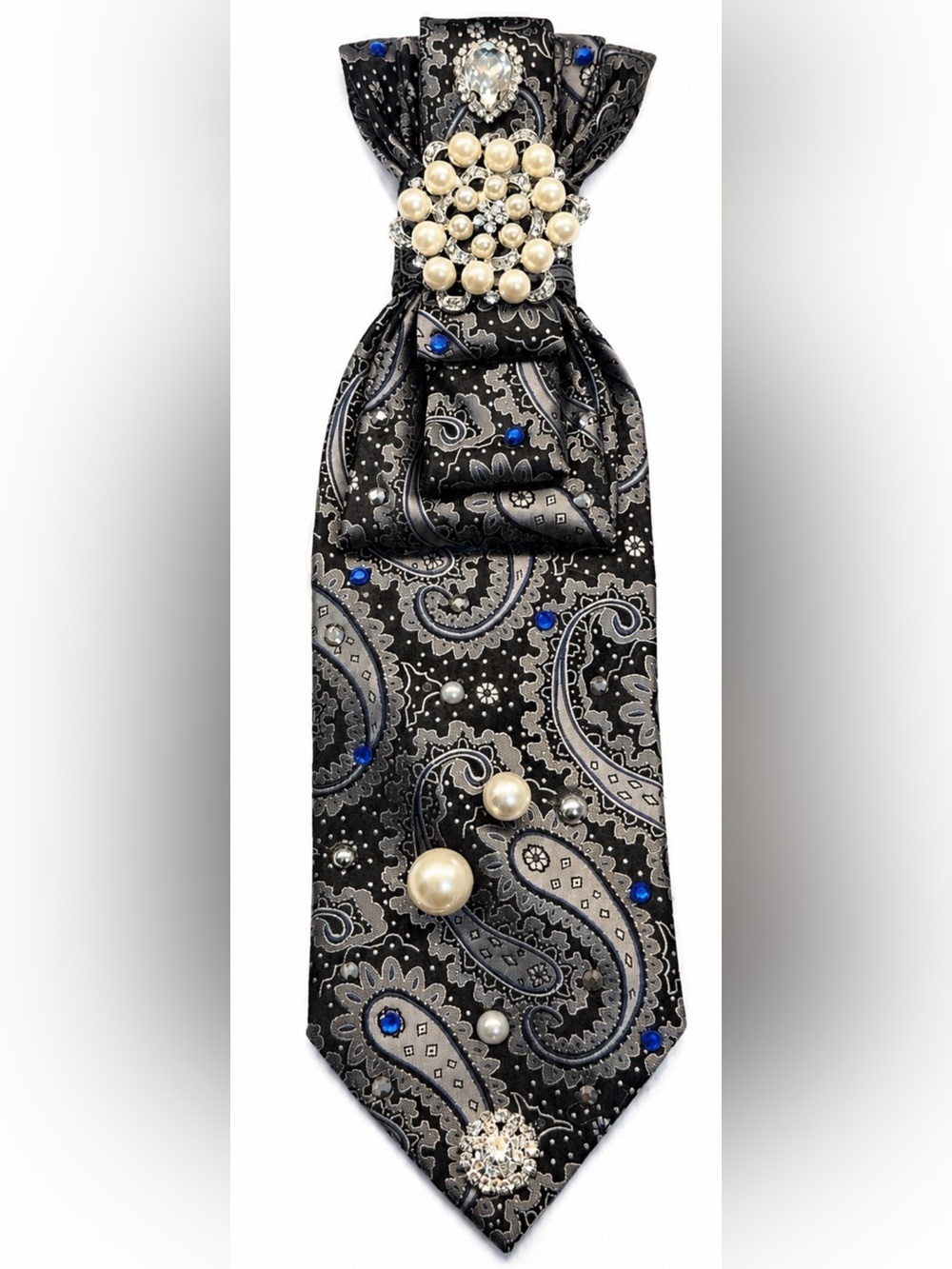 Black Paisley Pearl Rhinestone Embellished Statement Tie Necklace